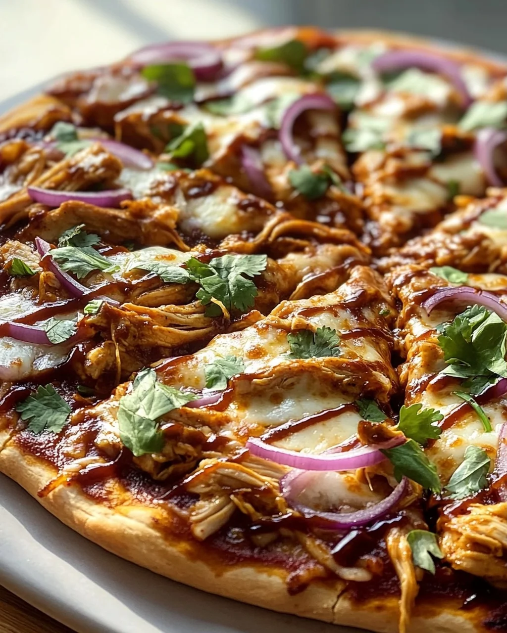 BBQ Hähnchen Pizza: Knusprig & würzig mit roten Zwiebeln