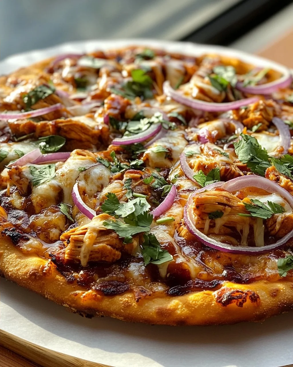 BBQ Hähnchen Pizza: Knusprig & würzig mit roten Zwiebeln