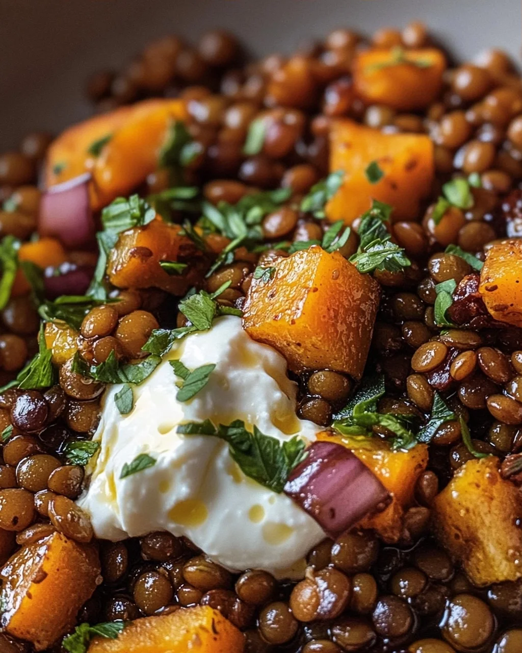 Balsamico Linsen mit geröstetem Hokkaido-Kürbis und Burrata
