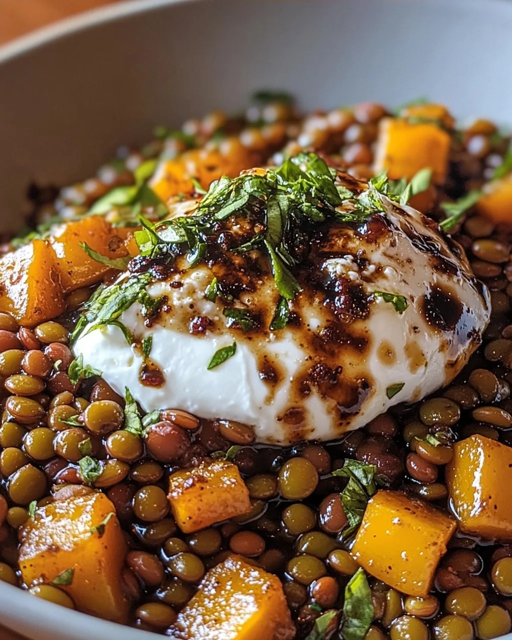 Balsamico Linsen mit geröstetem Hokkaido-Kürbis und Burrata