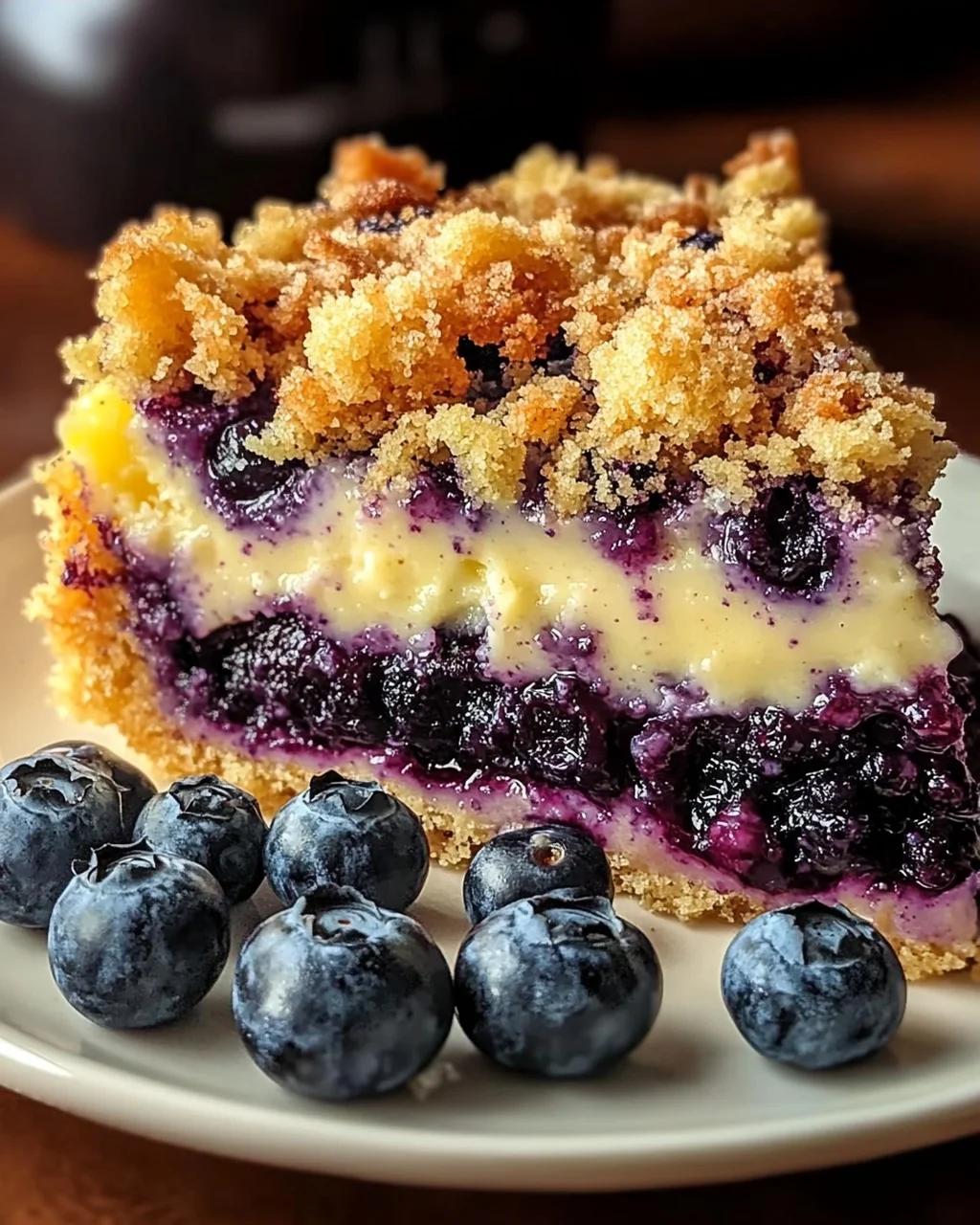 Blaubeerkuchen mit Pudding und Streusel
