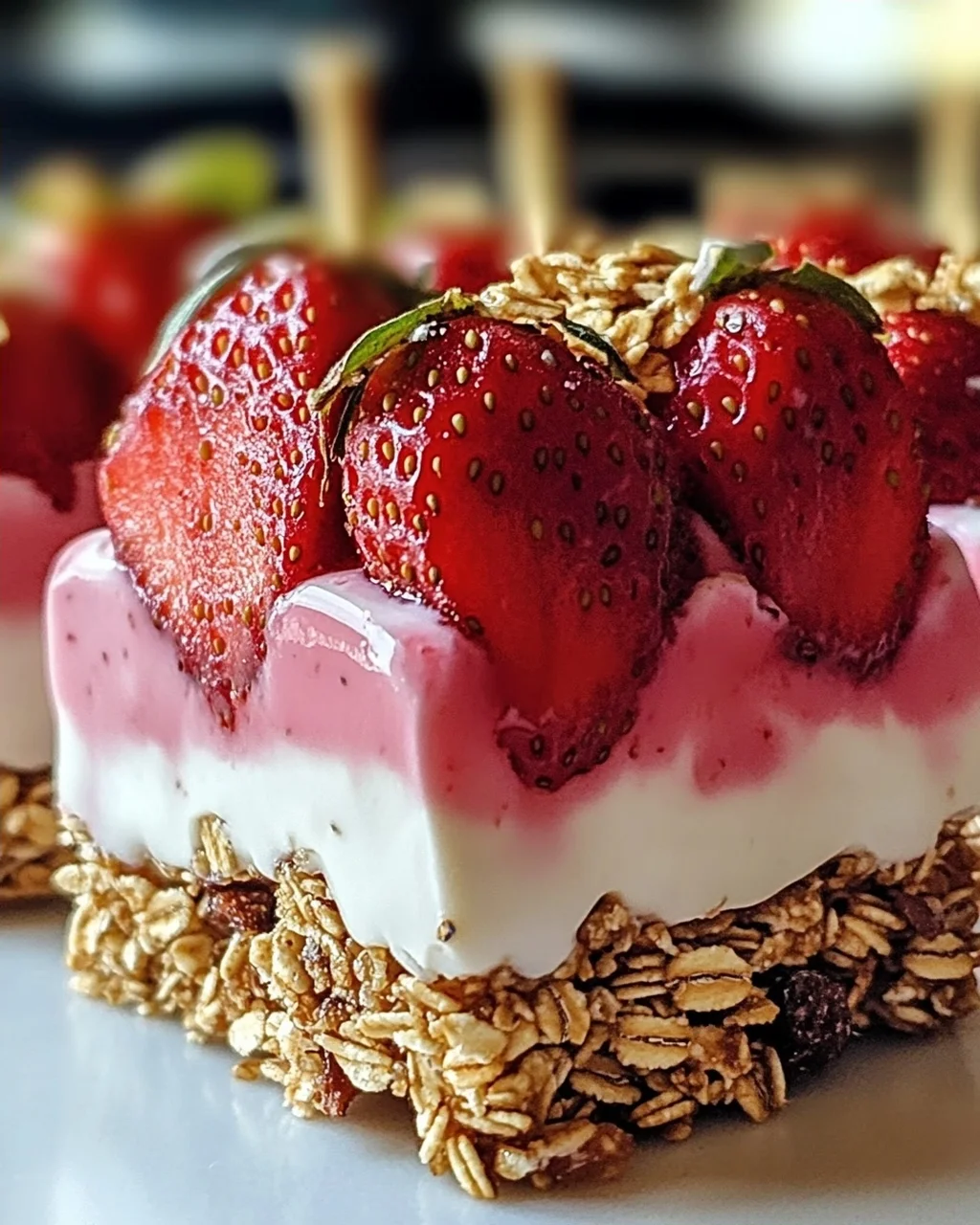 Erdbeerjoghurt-Riegel mit knusprigem Granola