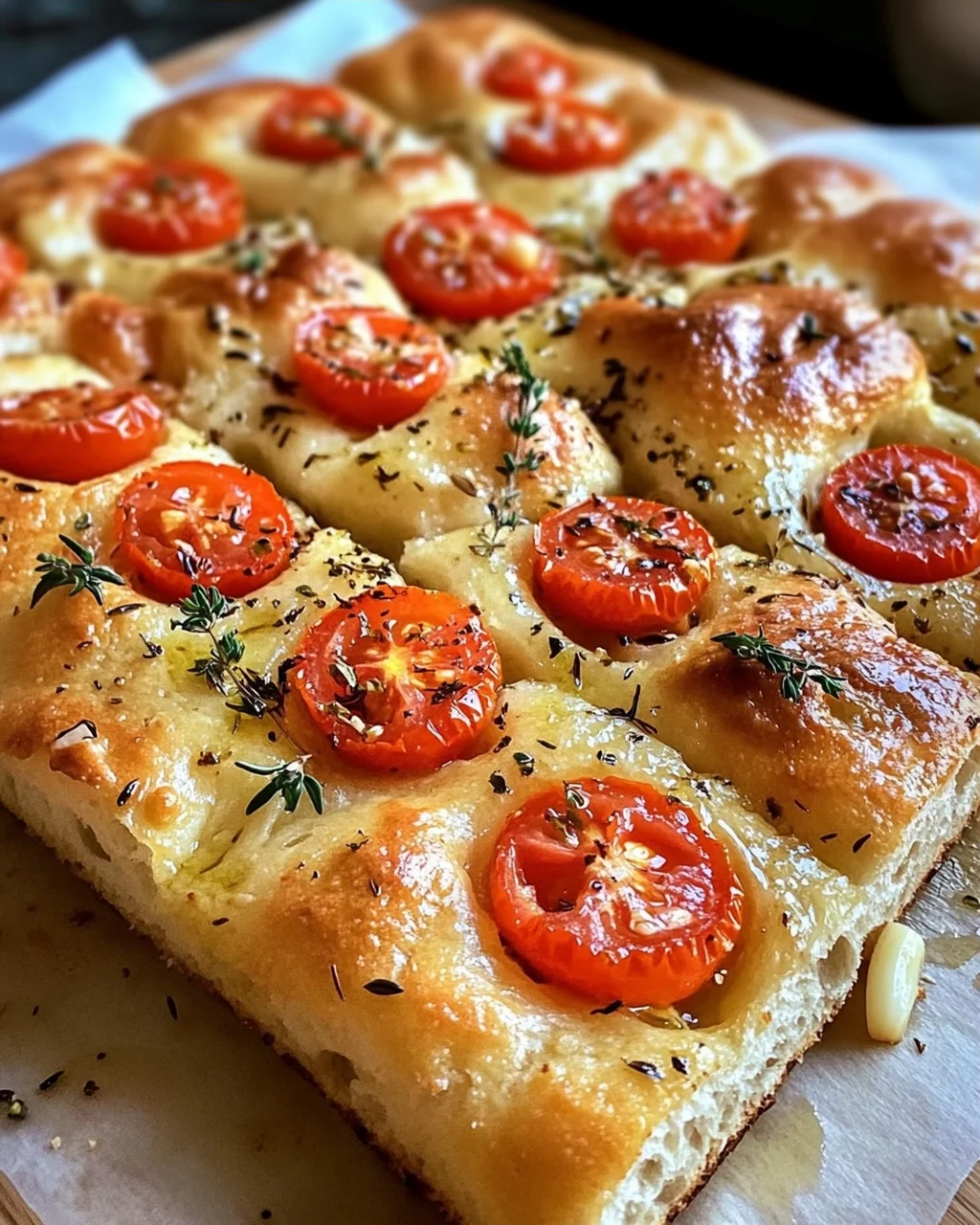 Focaccia mit Tomaten, Knoblauch & Thymian