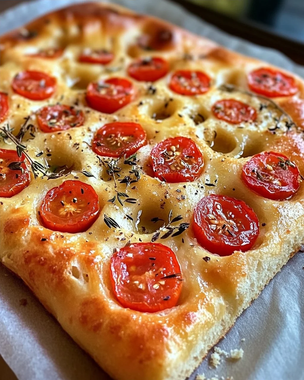 Focaccia mit Tomaten, Knoblauch & Thymian