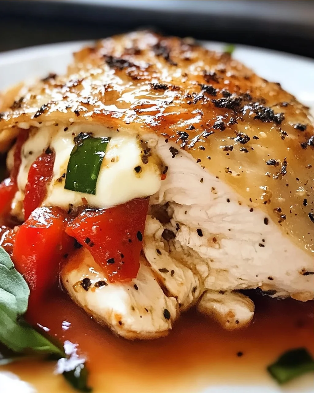 Geröstete rote Paprika und Mozzarella gefülltes Huhn