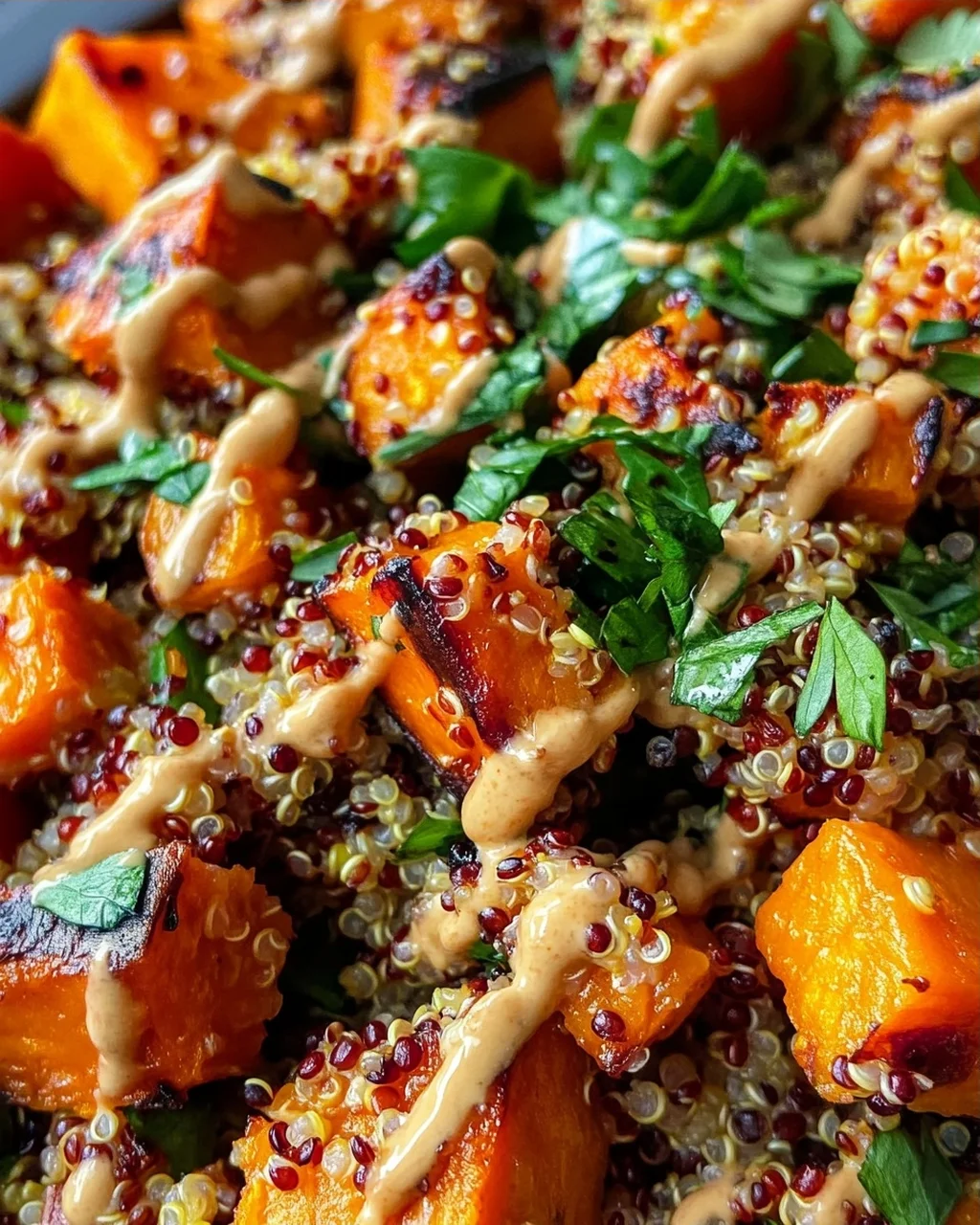 Gerösteter Süßkartoffel-Quinoa-Salat mit Sesam-Miso-Sauce