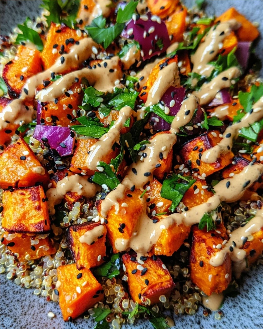Gerösteter Süßkartoffel-Quinoa-Salat mit Sesam-Miso-Sauce