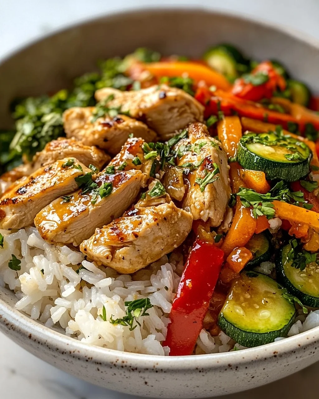 Hähnchen Reis Bowl mit Knoblauchbutter & frischem Gemüse
