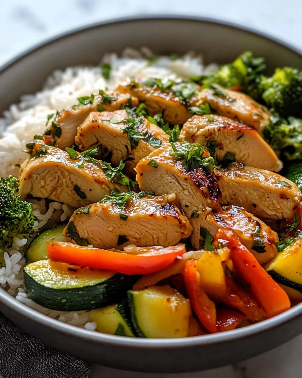 Hähnchen Reis Bowl mit Knoblauchbutter & frischem Gemüse