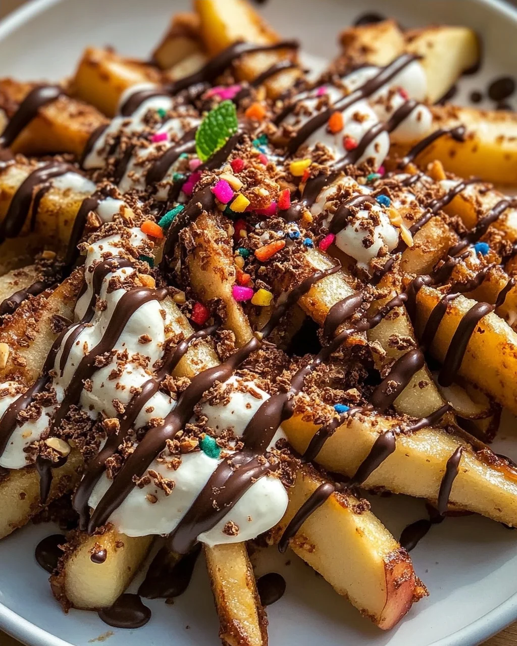Himmlische Knusprige Apfel-Pommes Nachos mit Schoko-Drizzle