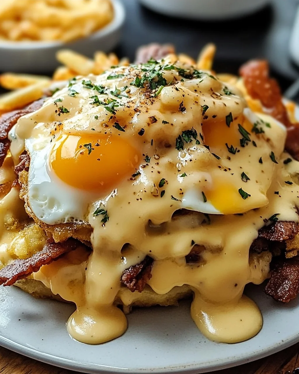 Köstliche Frühstücks Poutine mit cremiger Hollandaise.