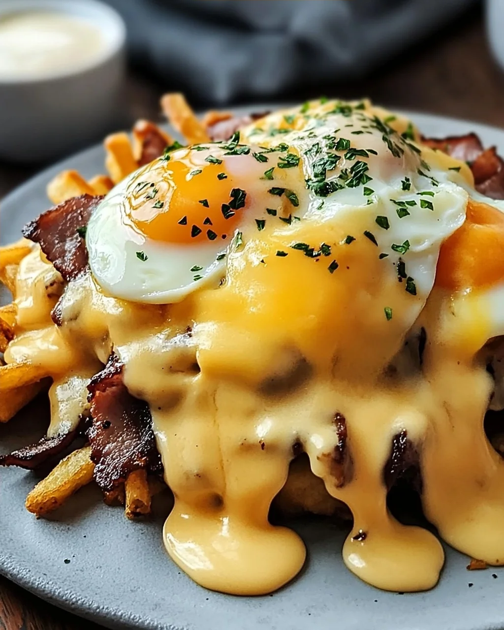 Köstliche Frühstücks Poutine mit cremiger Hollandaise.