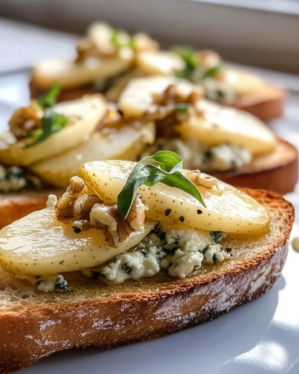 Köstliche Gorgonzola Birnen Bruschetta auf Baguette Rezept