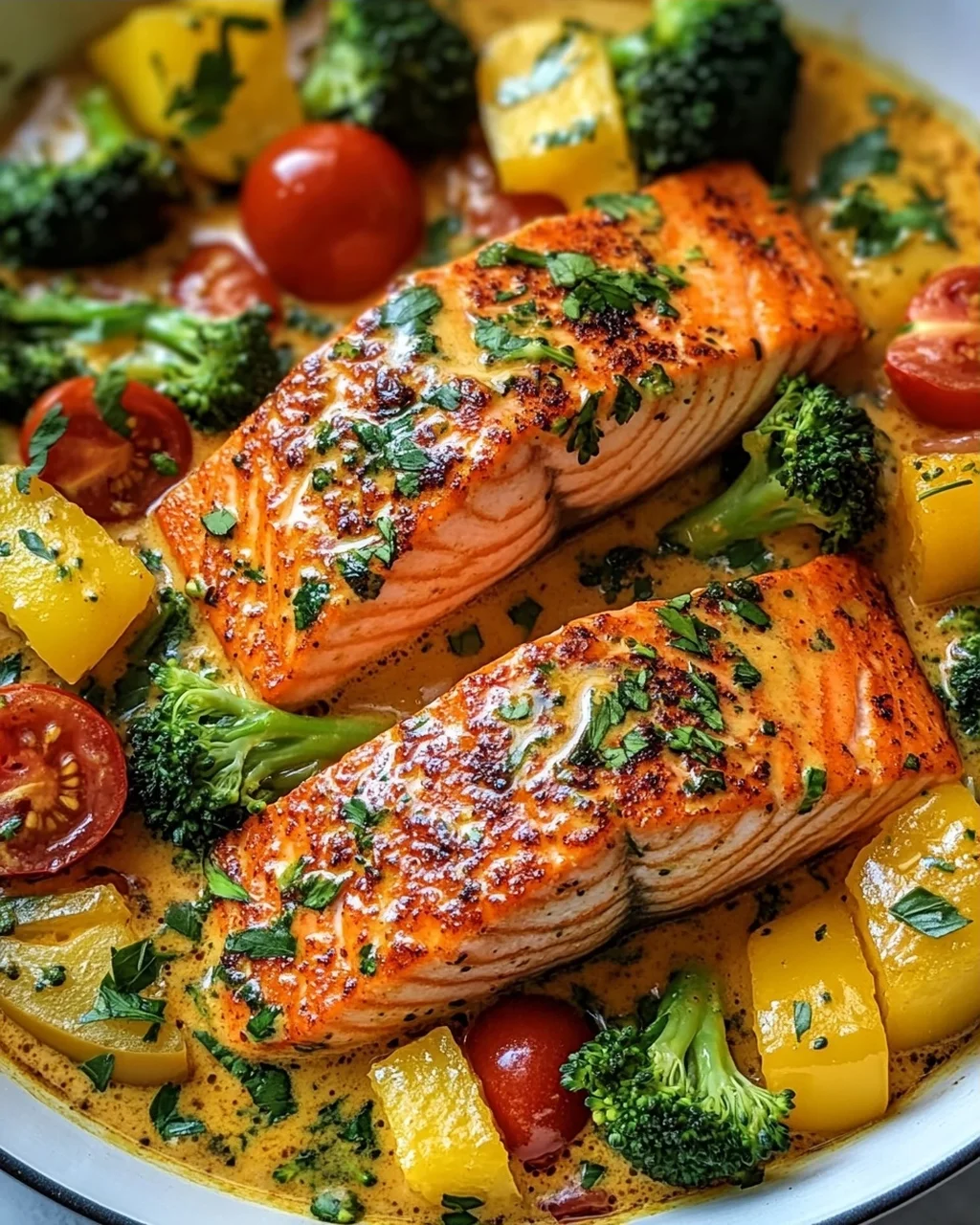 Köstlicher One Pan Kokos-Curry Lachs mit Knoblauchbutter