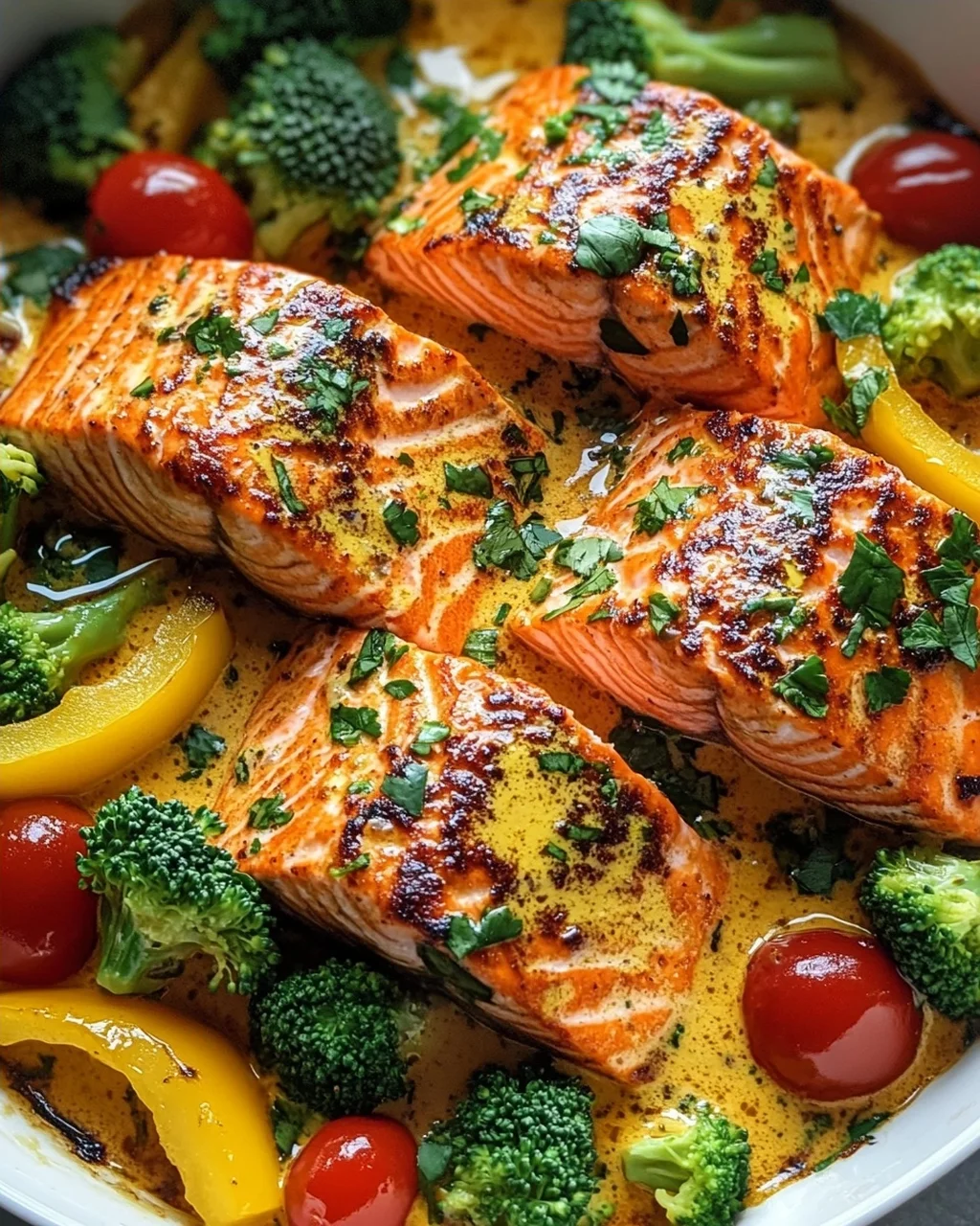 Köstlicher One Pan Kokos-Curry Lachs mit Knoblauchbutter