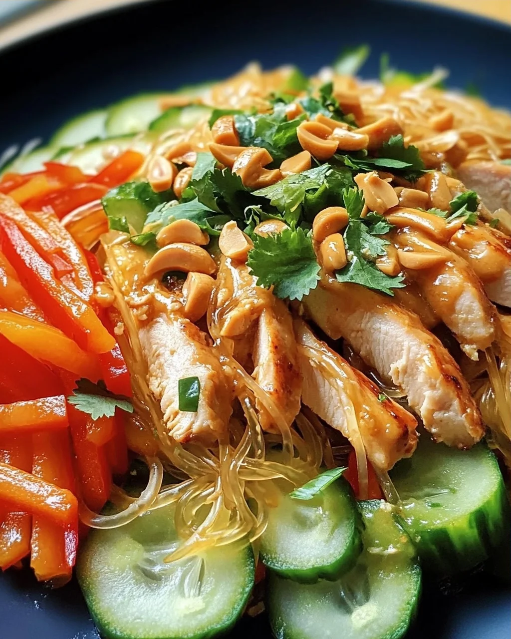 Lauwarmer Glasnudelsalat mit Erdnusshähnchen