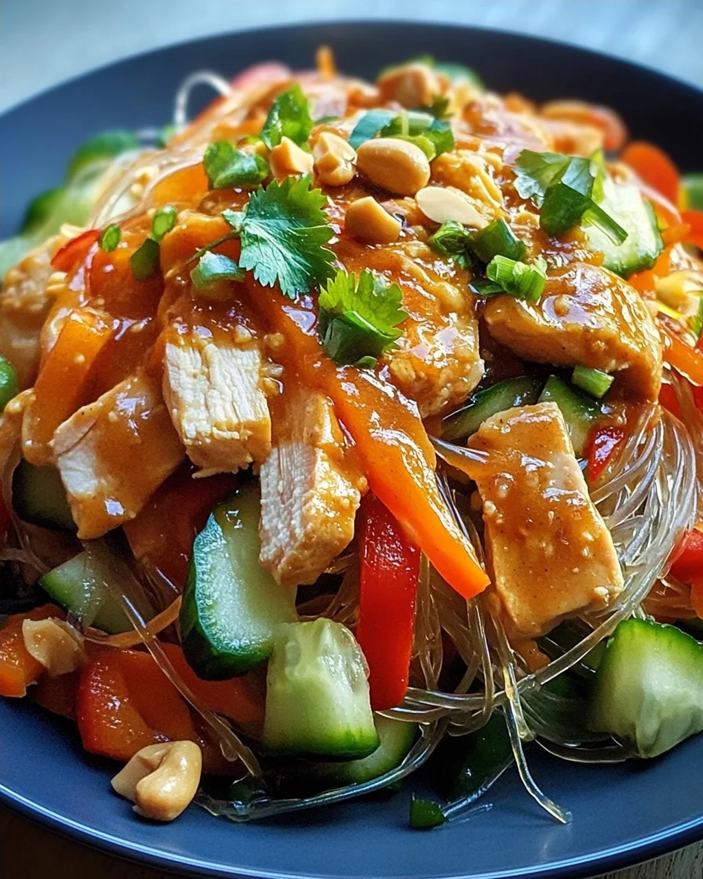 Lauwarmer Glasnudelsalat mit Erdnusshähnchen