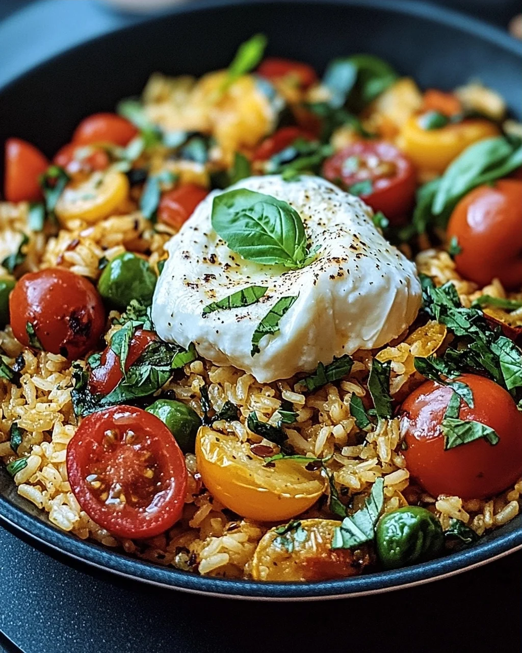 Mediterrane Reispfanne mit Burrata