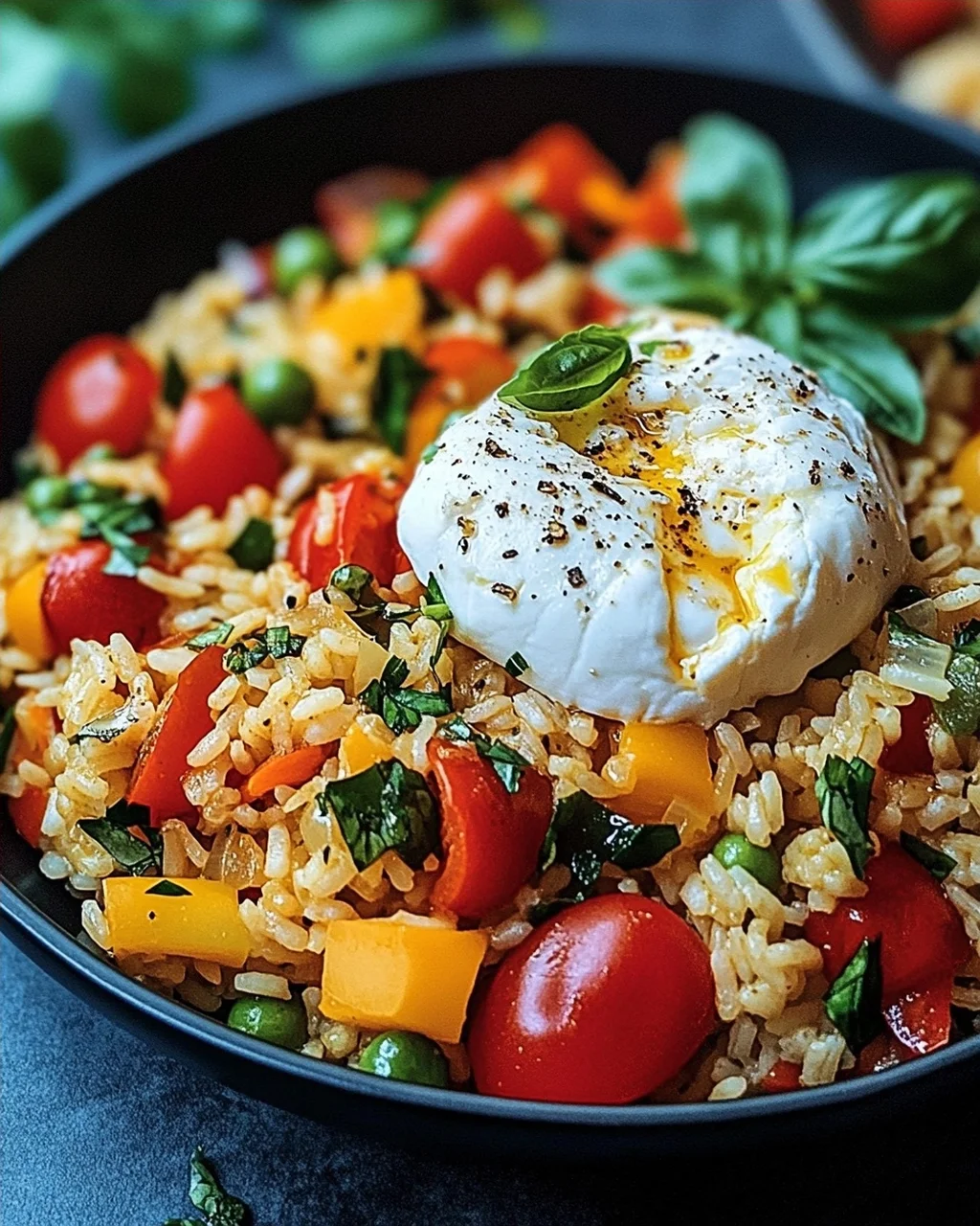 Mediterrane Reispfanne mit Burrata