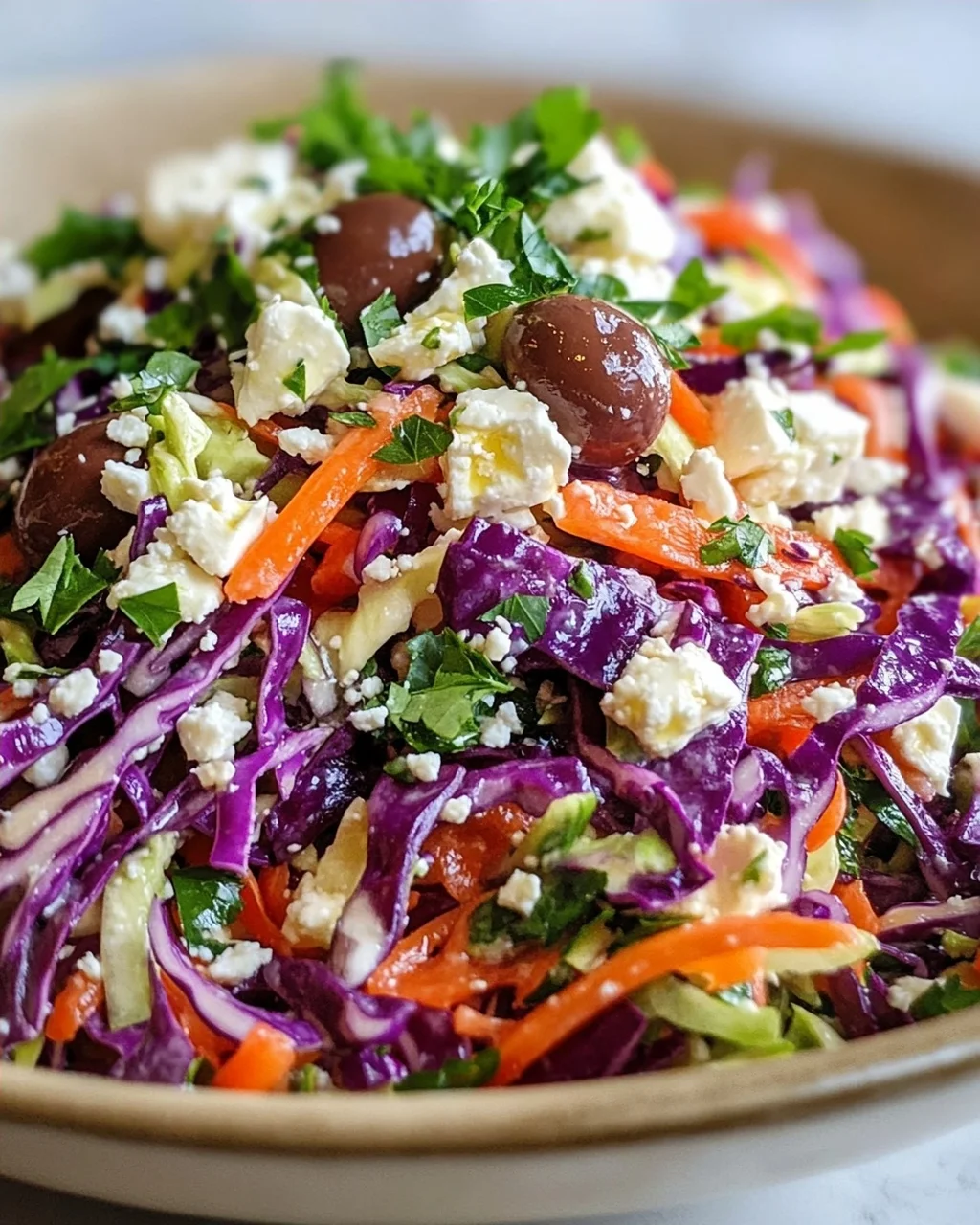 Mediterraner Slaw mit Feta, Oliven & frischen Kräutern