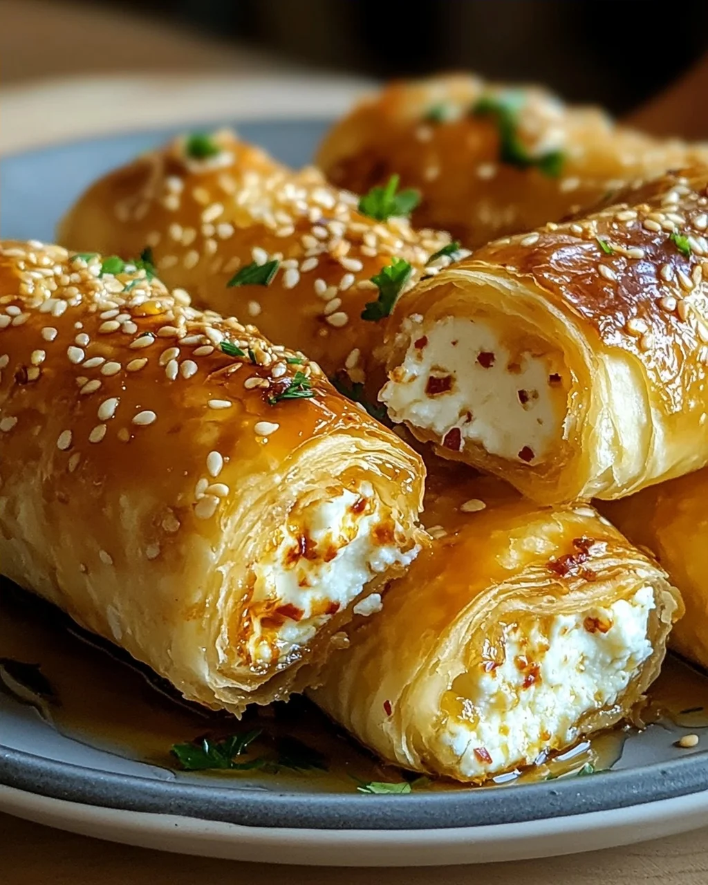 Ofen-gebackene Feta-Rollen mit Chili-Honig