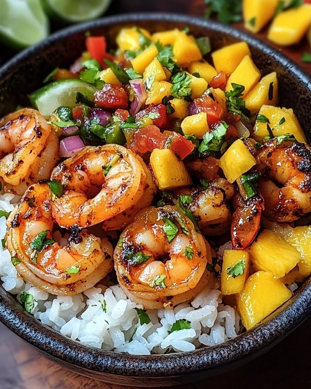 Pikante Garnelen und Mango Salsa Reisbowl