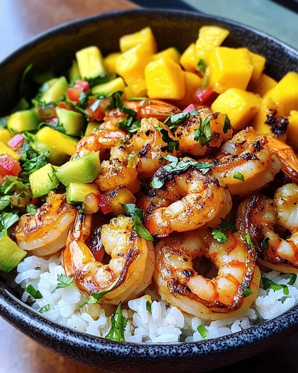 Pikante Garnelen und Mango Salsa Reisbowl