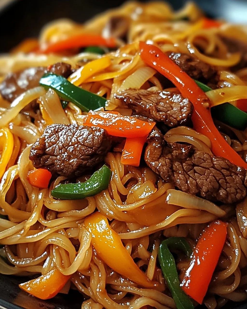 Reisnudeln mit Rindfleisch, Sojasauce und Gemüse