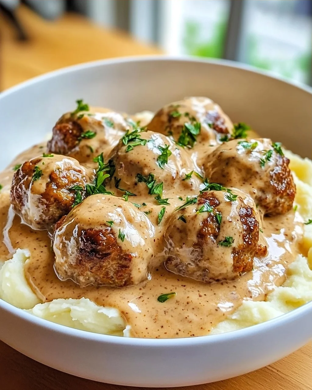 Saftige Hackbällchen in Rahmsauce & cremigem Kartoffelpüree