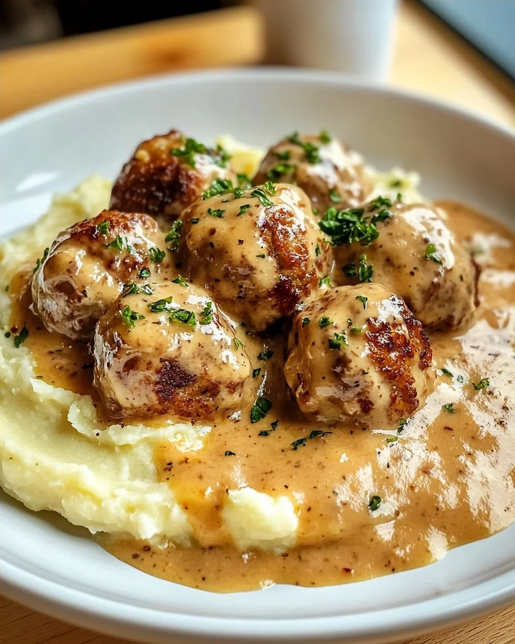 Saftige Hackbällchen in Rahmsauce & cremigem Kartoffelpüree