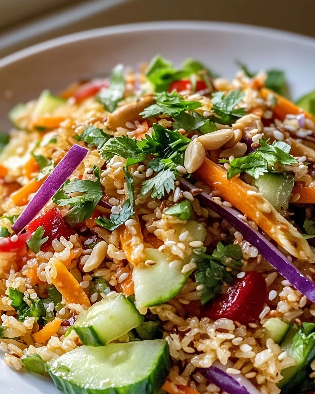 Schneller Knuspriger Reissalat mit Erdnuss-Sesam-Dressing
