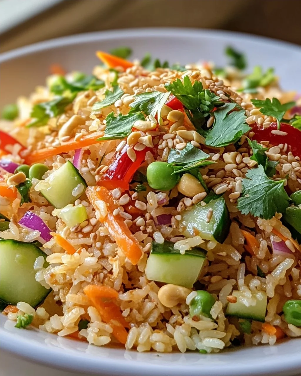 Schneller Knuspriger Reissalat mit Erdnuss-Sesam-Dressing