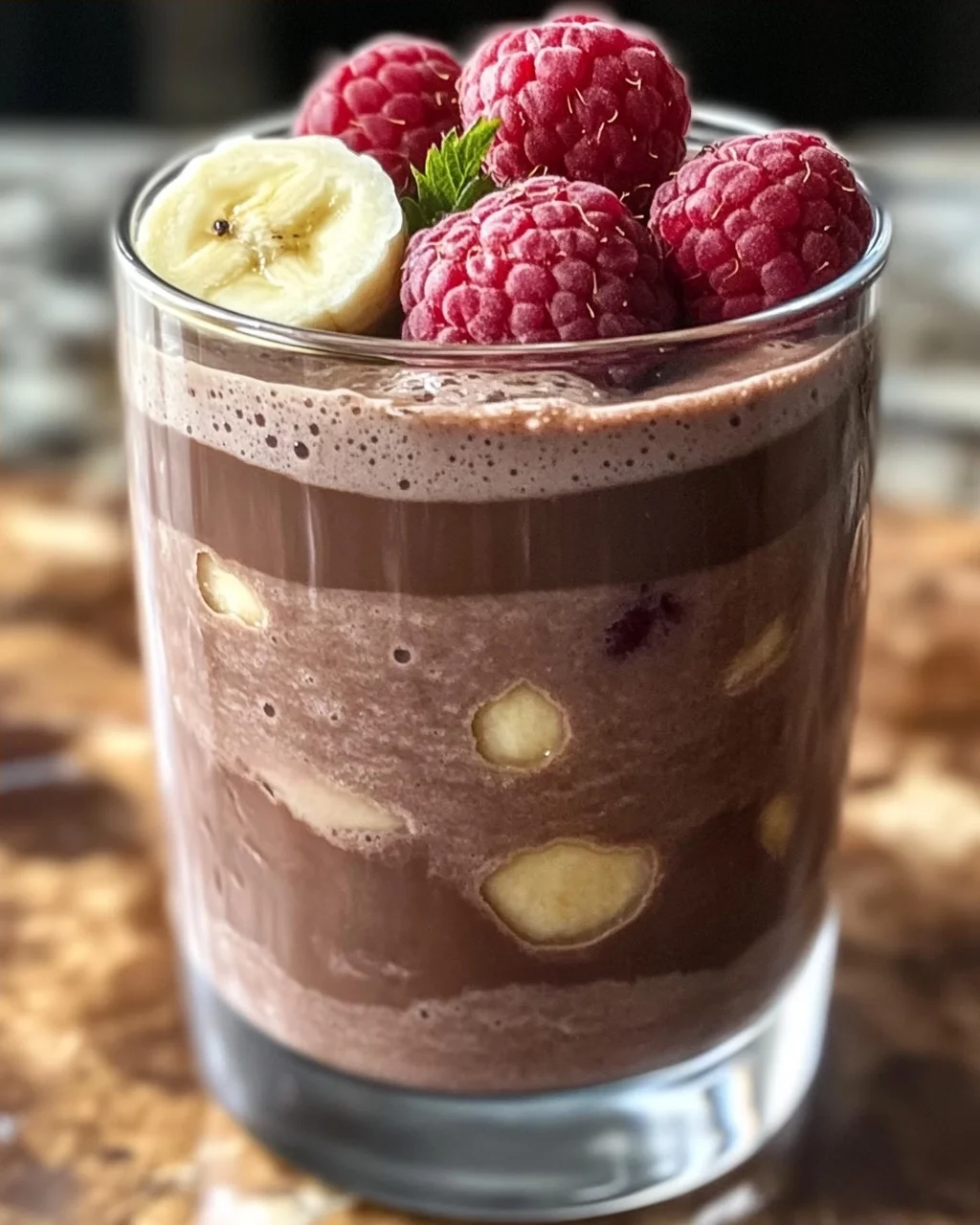 Schokoladen-Bananen-Himbeer-Frühstücksgetränk für den perfekten Start