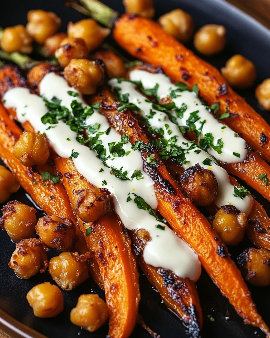 Spicy Maple-Roasted Carrots with Crispy Chickpeas and Yogurt Sauce