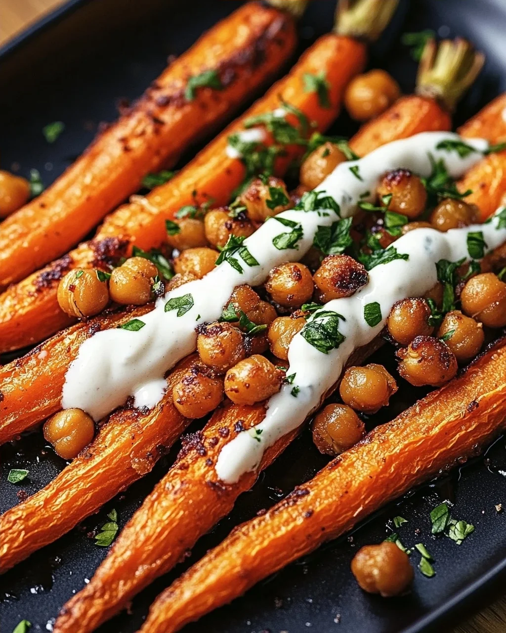 Spicy Maple-Roasted Carrots with Crispy Chickpeas and Yogurt Sauce