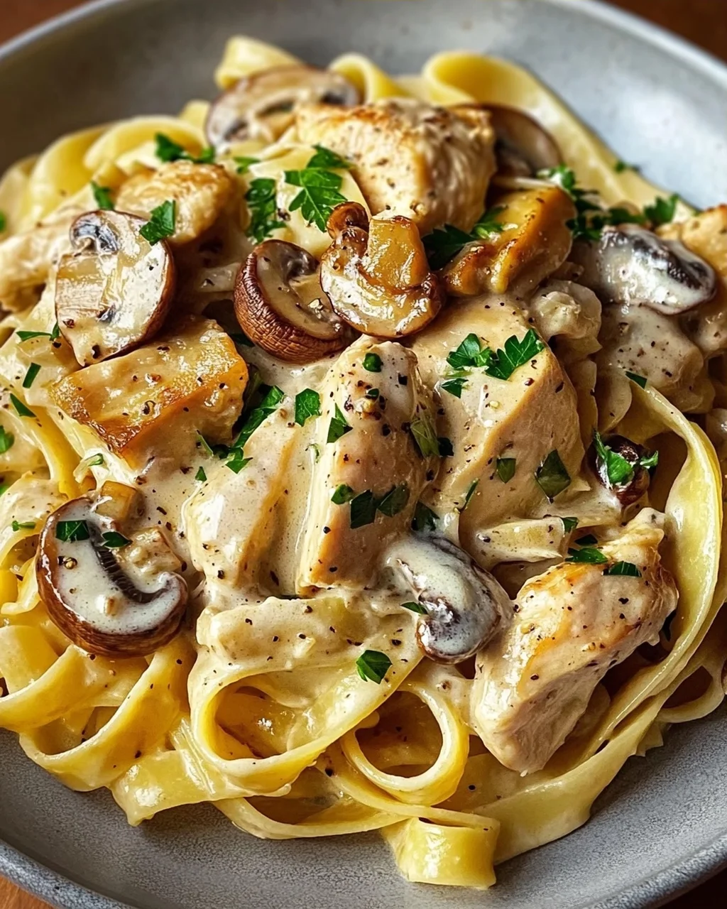 Tagliatelle mit Pilzen und Huhn in Sahnesosse