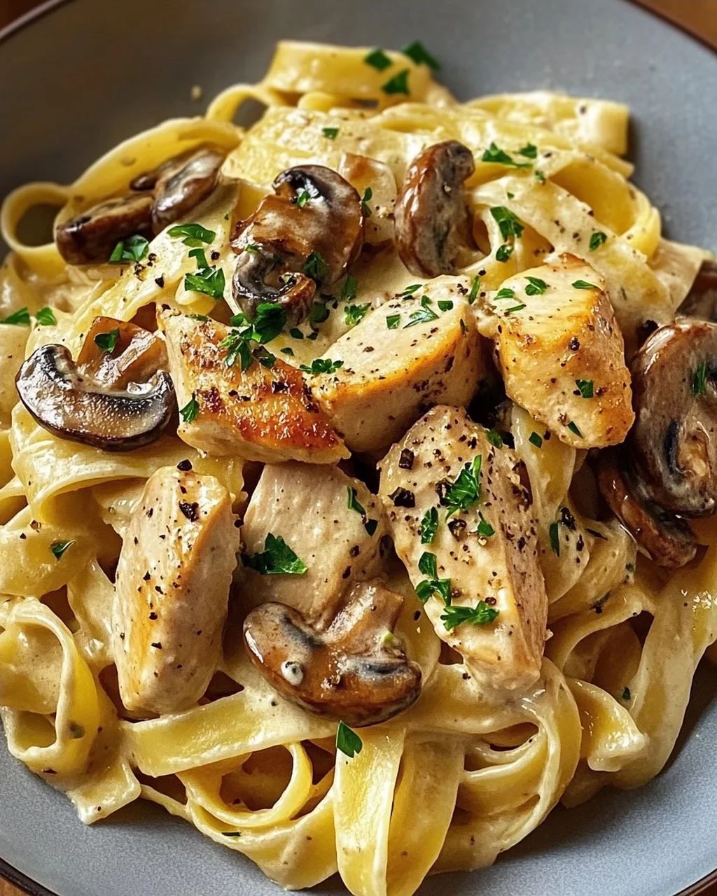 Tagliatelle mit Pilzen und Huhn in Sahnesosse